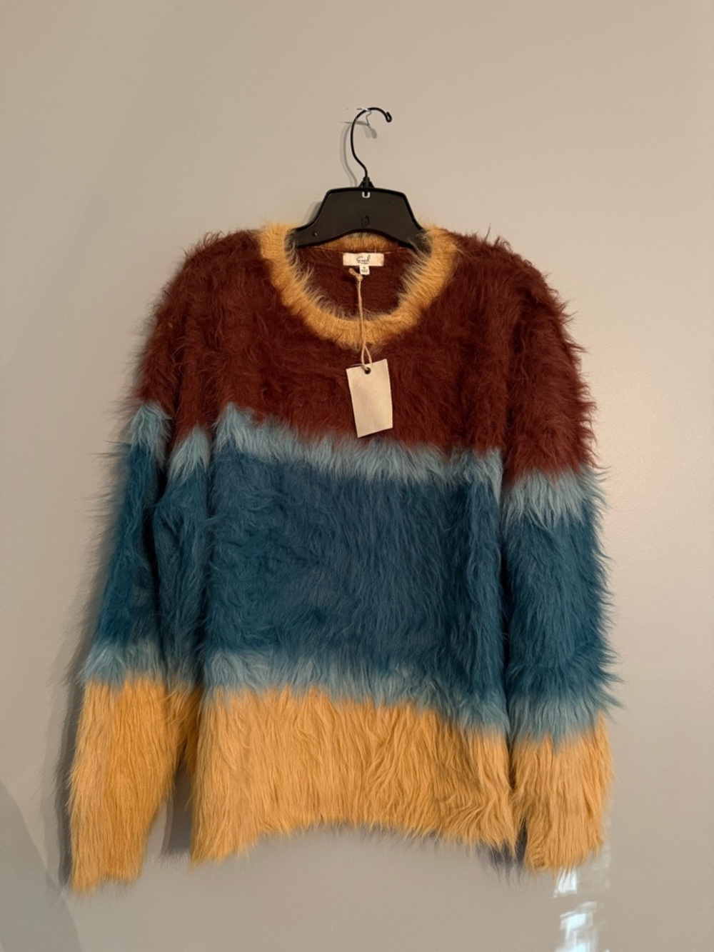 Colorblock Faux-Fur Crewneck Sweater in Rust, Teal & Mustard
